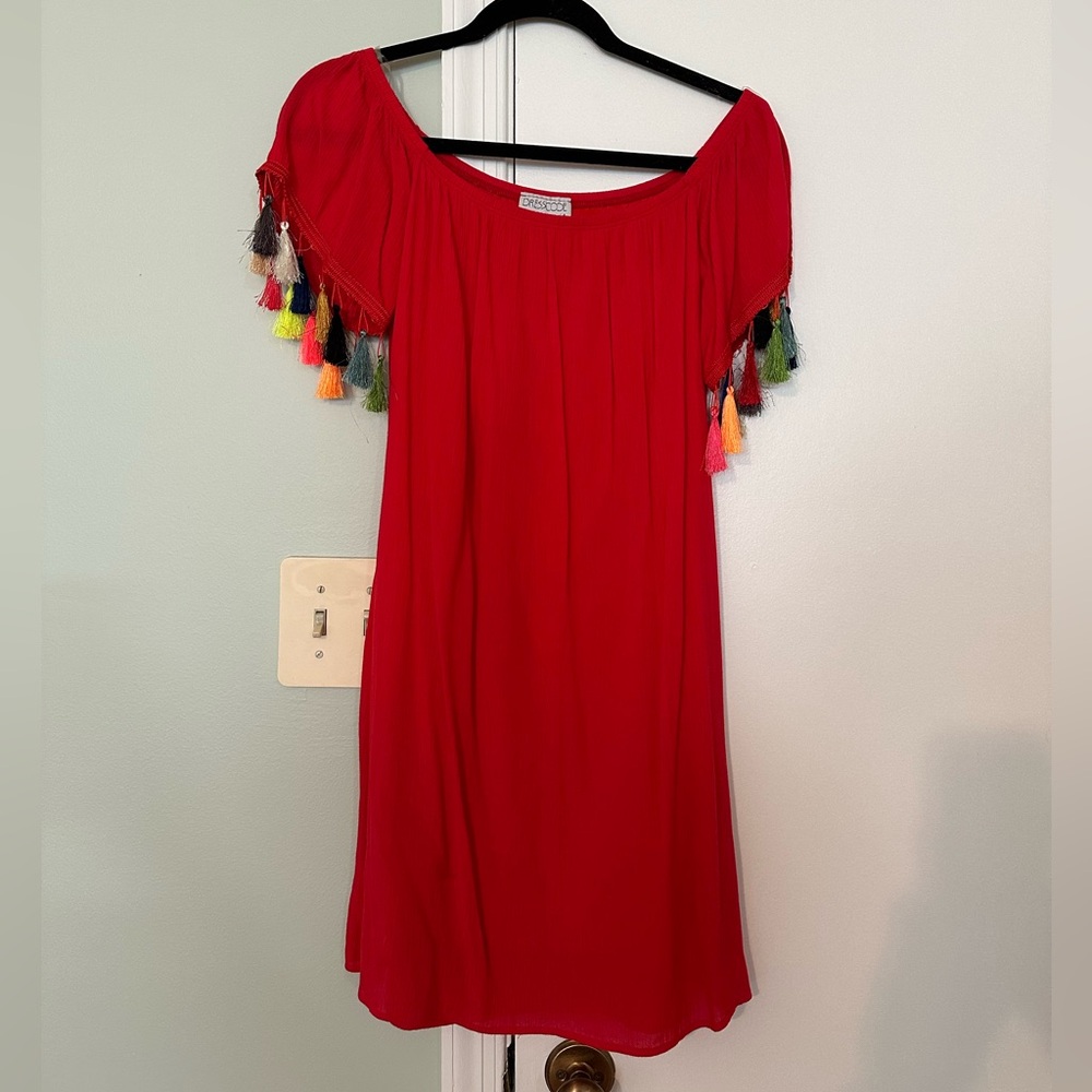 Red off the shoulder shift dress with colorful tassels